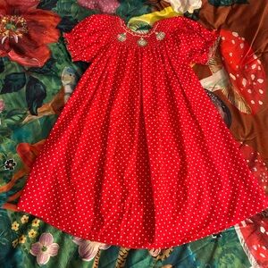 NWOT Petit Bebe Smocked Red Polka Dot Dress w/ Ornaments Size 2T